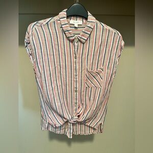 Red and Blue Crop Tie Front Button Down Shirt